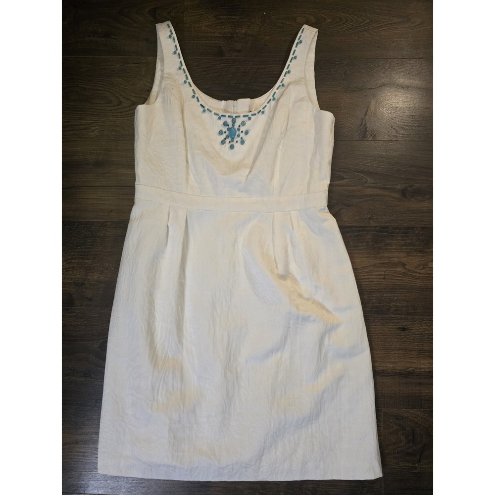 Studio I White Jacquard Dress Turquoise Bead Accent‎ Sheath Bridal Size 14